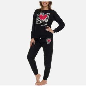 Keith Haring Black Heart Print Women's Pajama Set